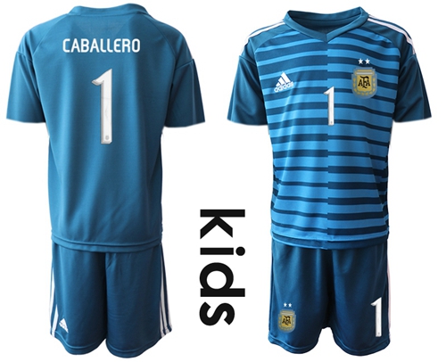 Argentina #1 Caballero Blue Goalkeeper Kid Soccer Country Jersey